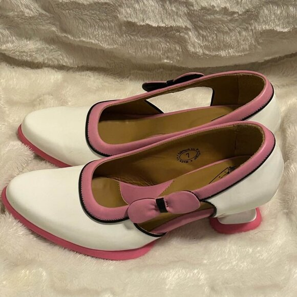 John Fluevog Shoes - John Fluevog anodea white patent pink black with bows shoes women's size 7 - 7.5